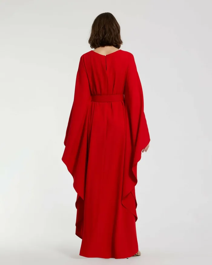Mac Duggal Crepe Boat Neck Caftan Maxi Dress With Belt Cherry Women Every Day Dresses