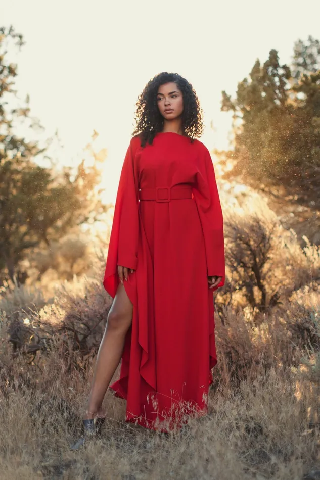 Mac Duggal Crepe Boat Neck Caftan Maxi Dress With Belt Cherry Women Every Day Dresses