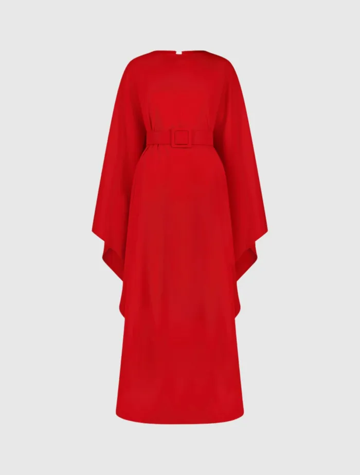 Mac Duggal Crepe Boat Neck Caftan Maxi Dress With Belt Cherry Women Every Day Dresses