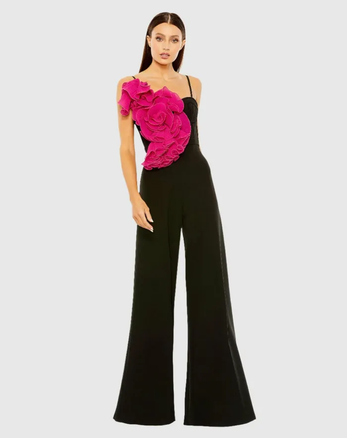 Mac Duggal Jumpsuits and Rompers Women Oversized Ruffle Wide Leg Jumpsuit Black Fuchsia