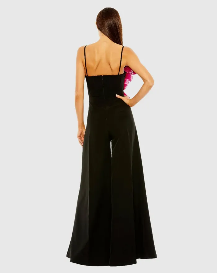 Mac Duggal Jumpsuits and Rompers Women Oversized Ruffle Wide Leg Jumpsuit Black Fuchsia