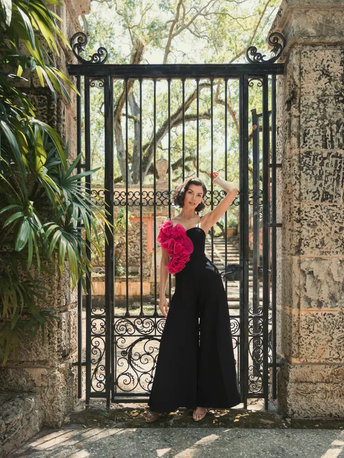 Mac Duggal Jumpsuits and Rompers Women Oversized Ruffle Wide Leg Jumpsuit Black Fuchsia