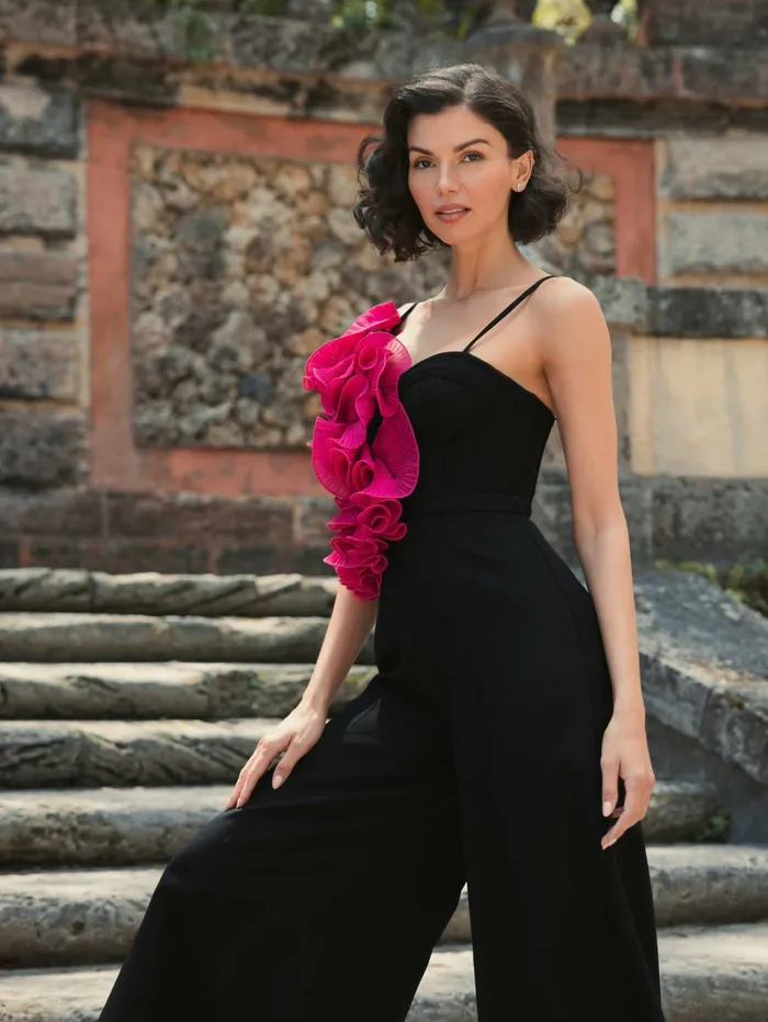 Mac Duggal Jumpsuits and Rompers Women Oversized Ruffle Wide Leg Jumpsuit Black Fuchsia
