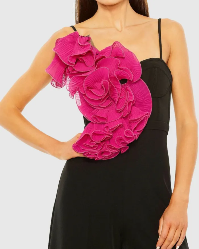 Mac Duggal Jumpsuits and Rompers Women Oversized Ruffle Wide Leg Jumpsuit Black Fuchsia