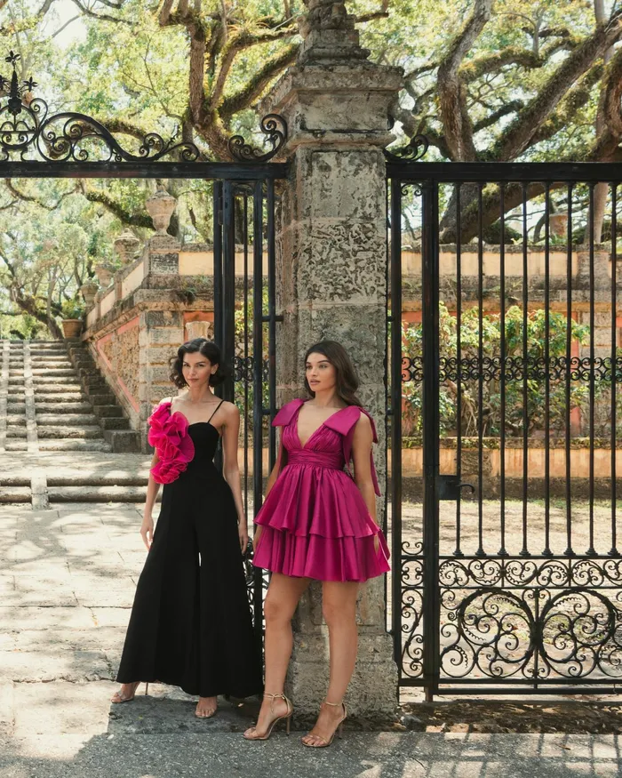 Mac Duggal Jumpsuits and Rompers Women Oversized Ruffle Wide Leg Jumpsuit Black Fuchsia