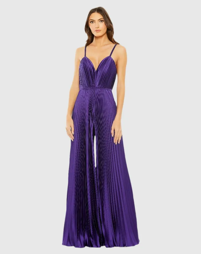 Mac Duggal Jumpsuits and Rompers Women Purple Pleated Plunge Neck Wide Leg Jumpsuit Purple