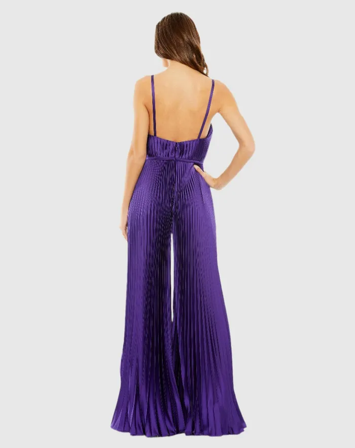 Mac Duggal Jumpsuits and Rompers Women Purple Pleated Plunge Neck Wide Leg Jumpsuit Purple