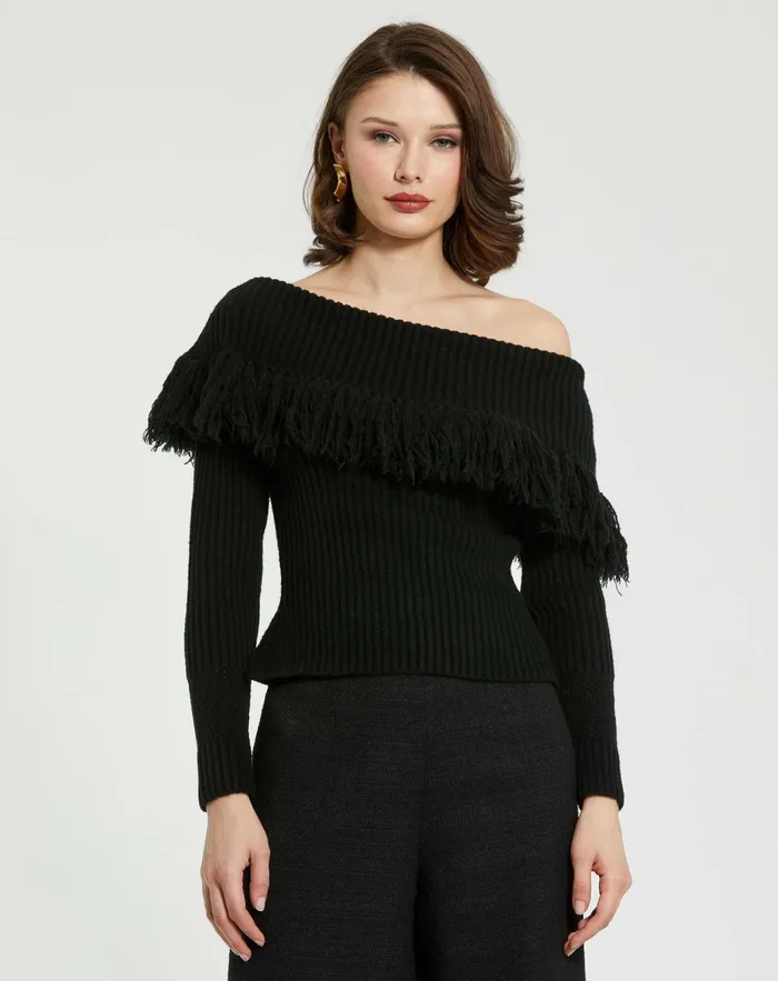 Mac Duggal Off The Shoulder Fringe Knit Sweater 8211 FINAL SALE Black Women Blouses and Tops