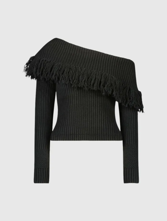 Mac Duggal Off The Shoulder Fringe Knit Sweater 8211 FINAL SALE Black Women Blouses and Tops