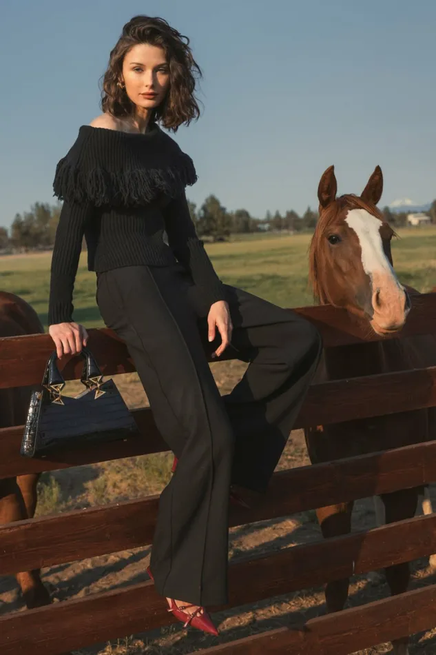 Mac Duggal Off The Shoulder Fringe Knit Sweater 8211 FINAL SALE Black Women Blouses and Tops