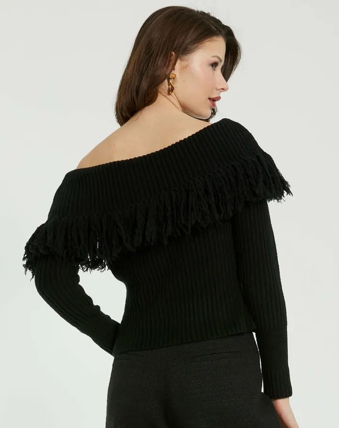 Mac Duggal Off The Shoulder Fringe Knit Sweater 8211 FINAL SALE Black Women Blouses and Tops