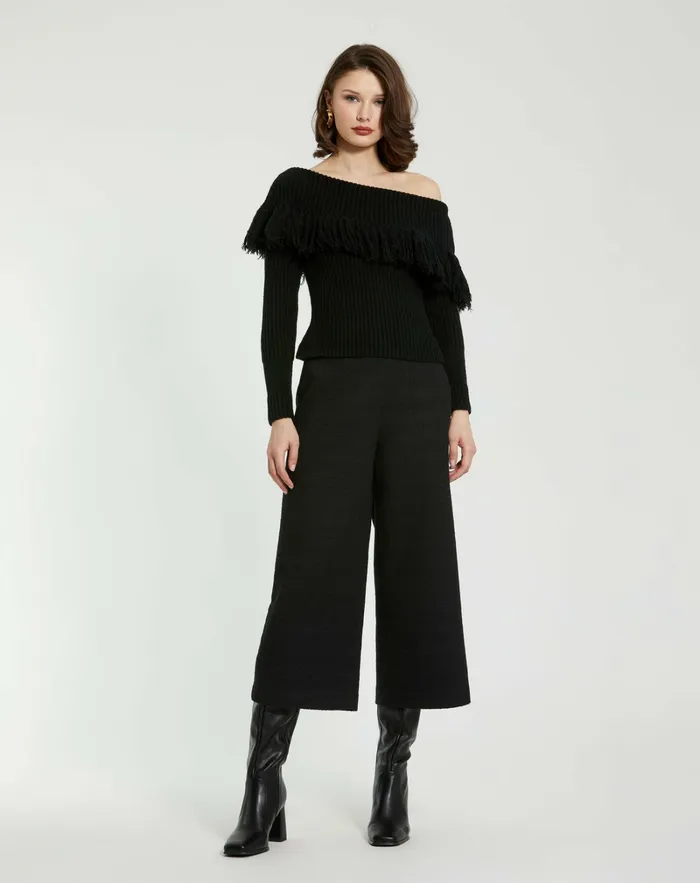 Mac Duggal Off The Shoulder Fringe Knit Sweater 8211 FINAL SALE Black Women Blouses and Tops
