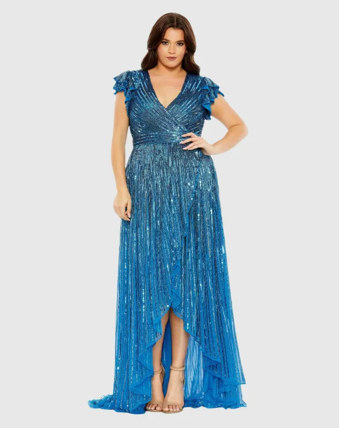 Mac Duggal Plus Size Dresses Women VNeck Flutter Sleeve HighLow Gown Plus Teal