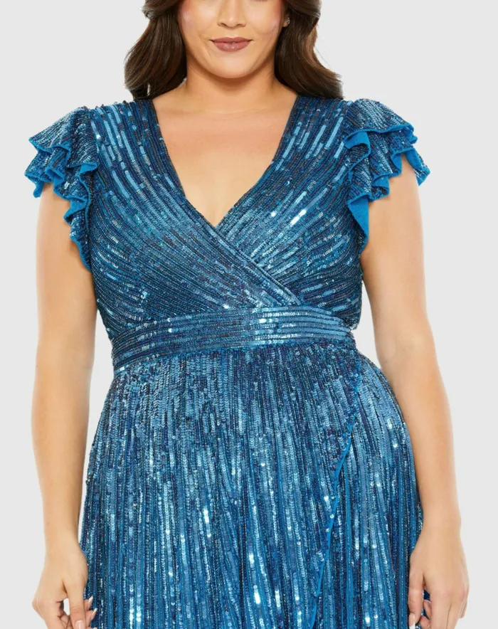 Mac Duggal Plus Size Dresses Women VNeck Flutter Sleeve HighLow Gown Plus Teal