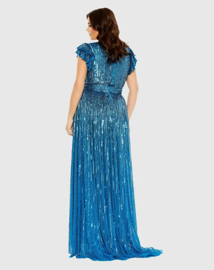 Mac Duggal Plus Size Dresses Women VNeck Flutter Sleeve HighLow Gown Plus Teal