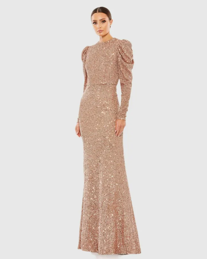 Mac Duggal Sequined High Neck Puff Long Sleeve Column Gown Copper Women Best Sellers