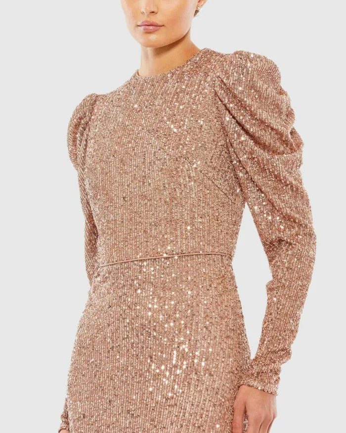 Mac Duggal Sequined High Neck Puff Long Sleeve Column Gown Copper Women Best Sellers