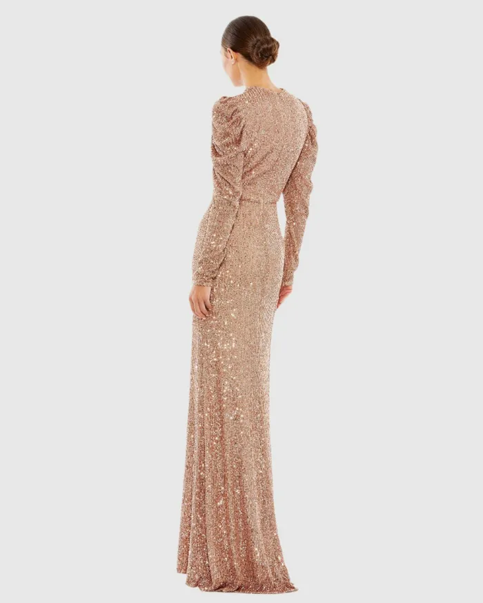 Mac Duggal Sequined High Neck Puff Long Sleeve Column Gown Copper Women Best Sellers