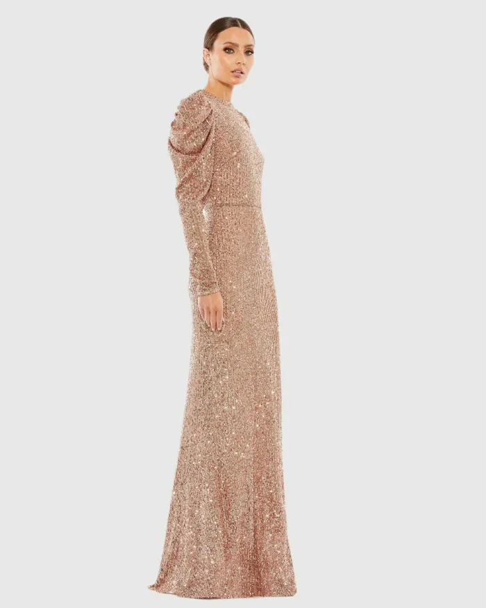 Mac Duggal Sequined High Neck Puff Long Sleeve Column Gown Copper Women Best Sellers