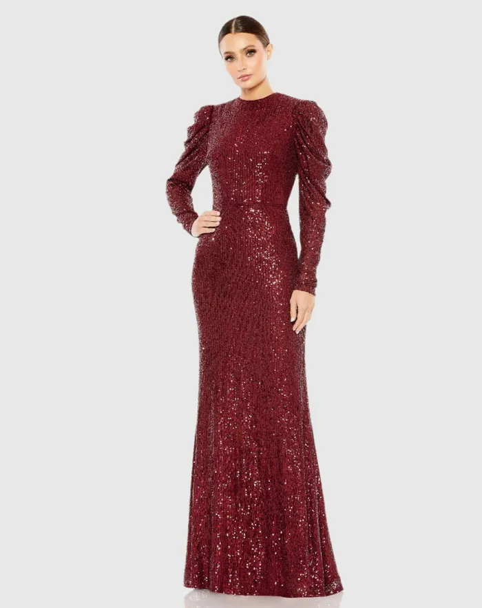 Mac Duggal Sequined High Neck Puff Long Sleeve Column Gown Copper Women Best Sellers