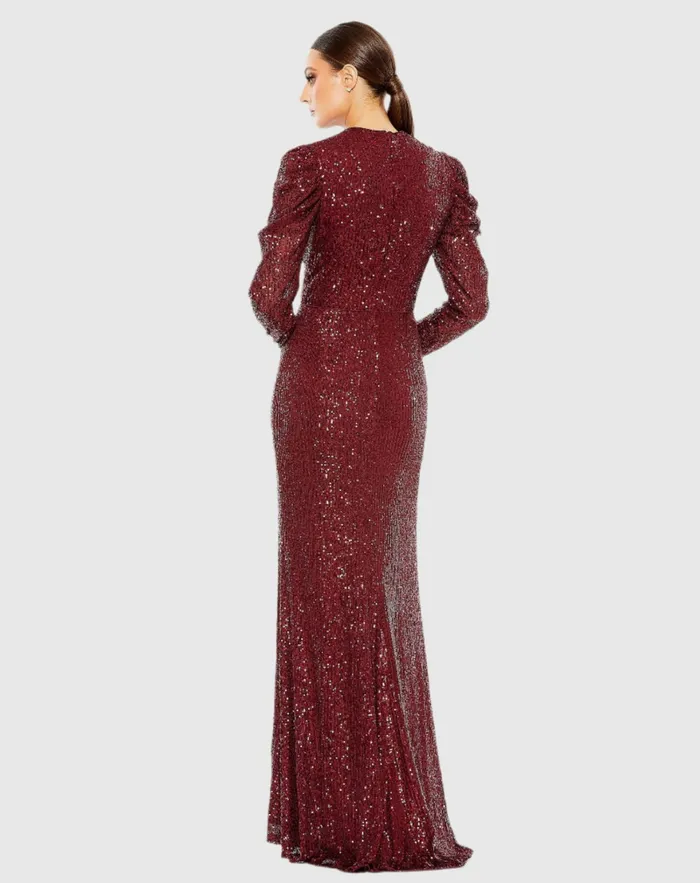 Mac Duggal Sequined High Neck Puff Long Sleeve Column Gown Copper Women Best Sellers