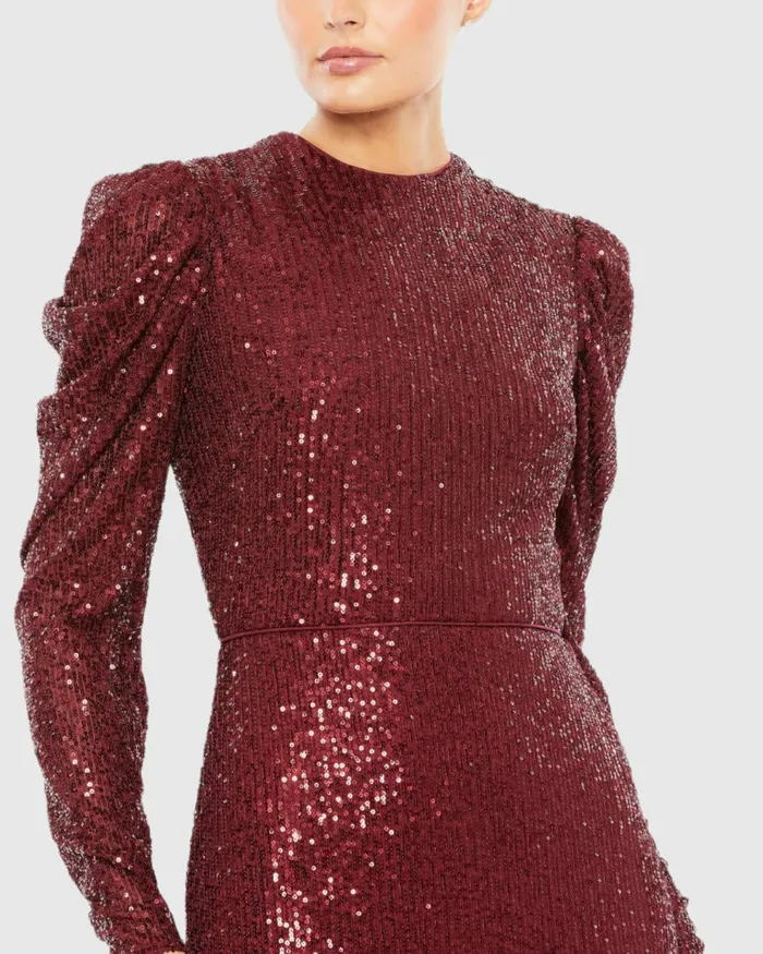 Mac Duggal Sequined High Neck Puff Long Sleeve Column Gown Copper Women Best Sellers