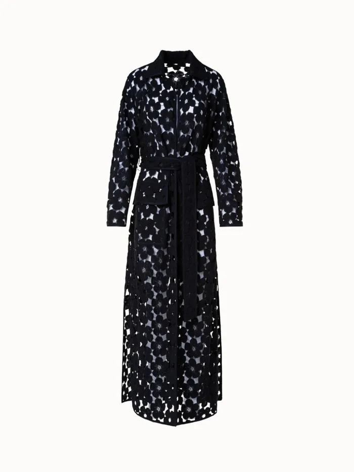 Maxi Coat With Allover Anemone Embroidery Black Women Akris Jackets