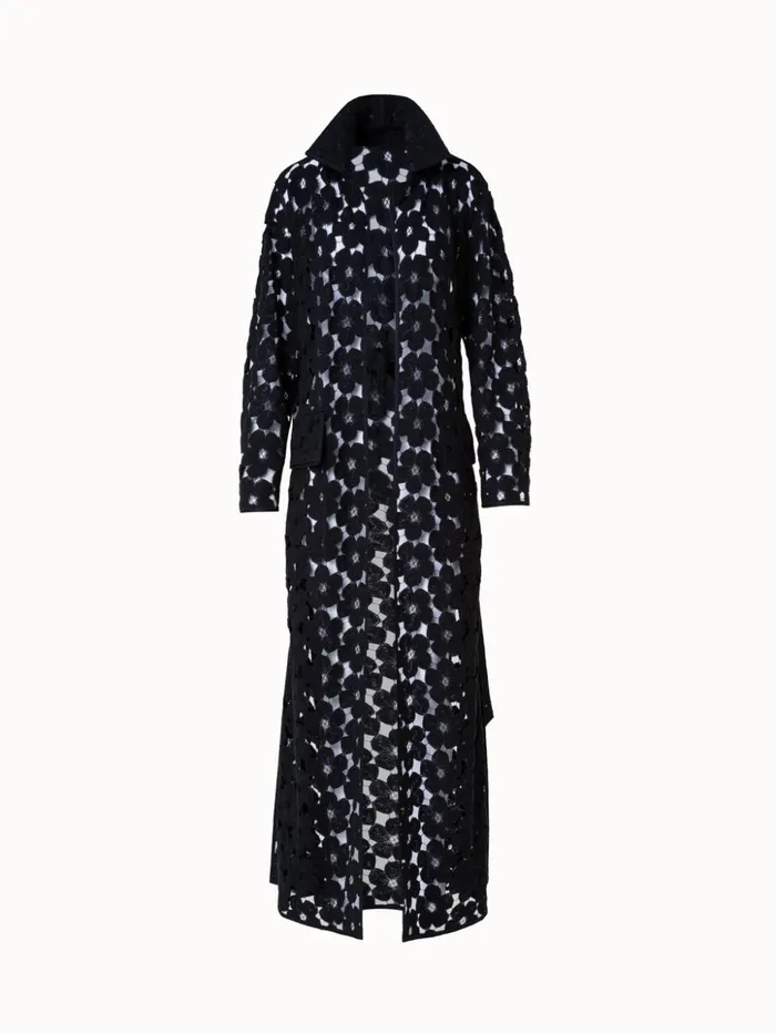 Maxi Coat With Allover Anemone Embroidery Black Women Akris Jackets