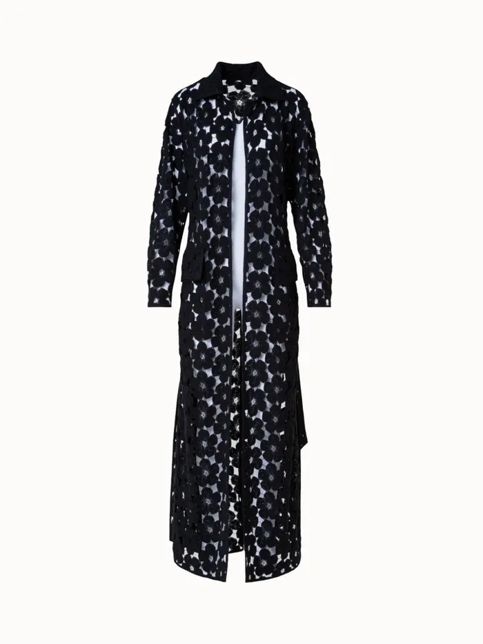 Maxi Coat With Allover Anemone Embroidery Black Women Akris Jackets