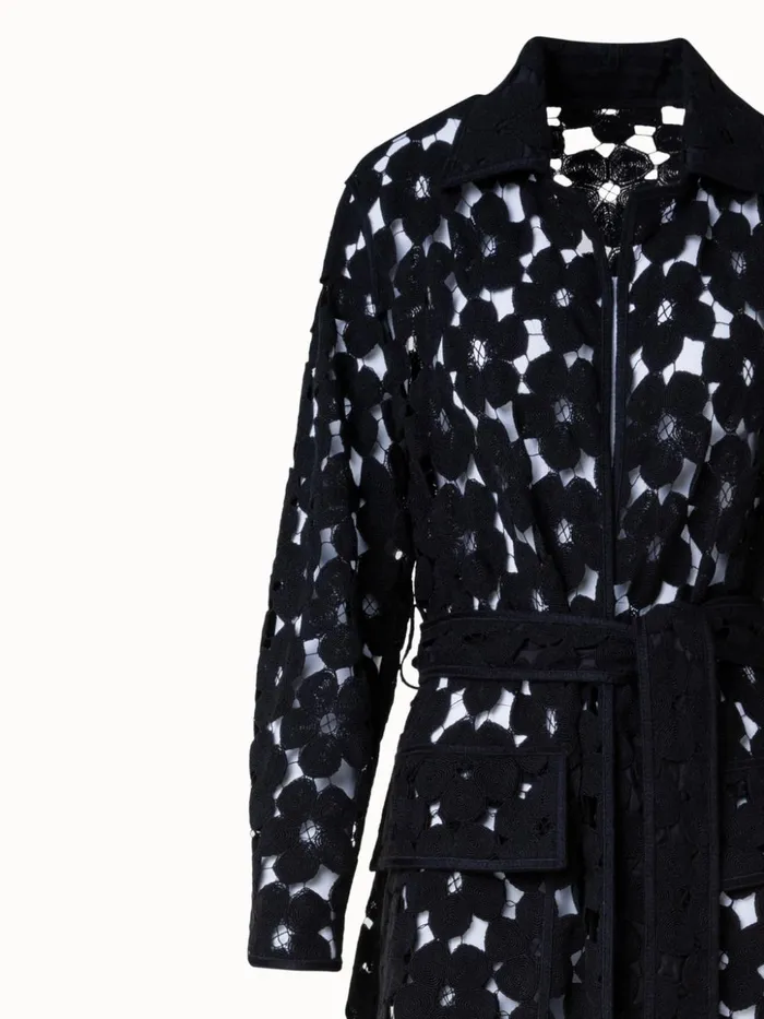 Maxi Coat With Allover Anemone Embroidery Black Women Akris Jackets