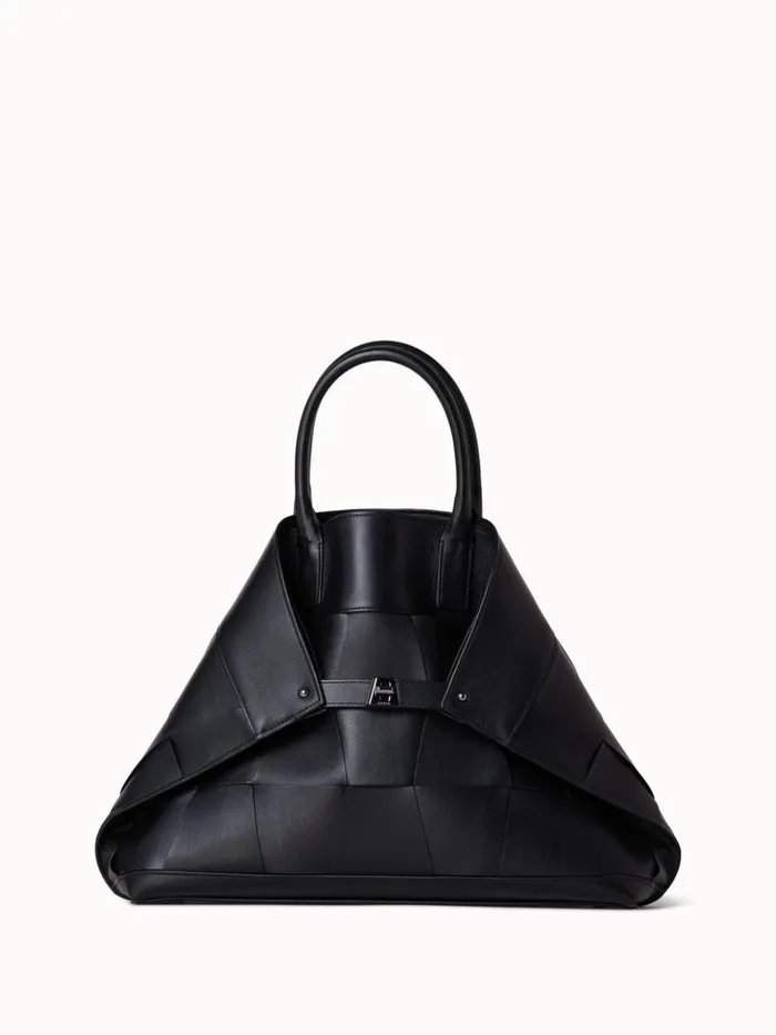 Medium Ai Messenger Bag In Braided Leather Trapezoids Black Women Akris Top Handle Bags