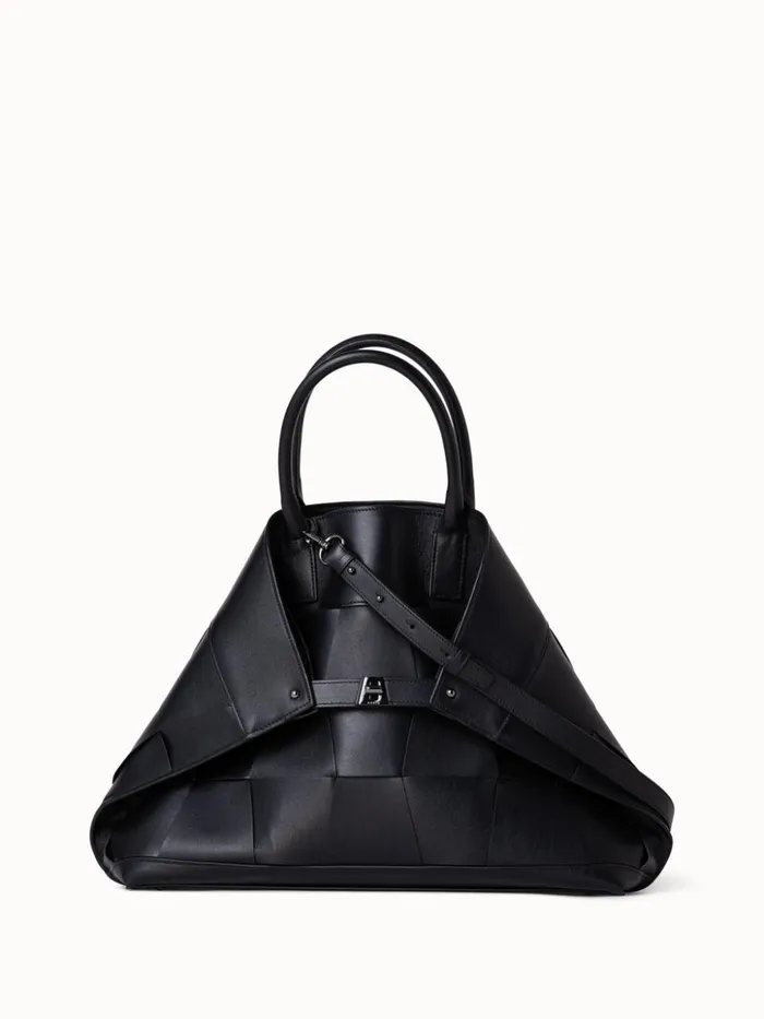 Medium Ai Messenger Bag In Braided Leather Trapezoids Black Women Akris Top Handle Bags
