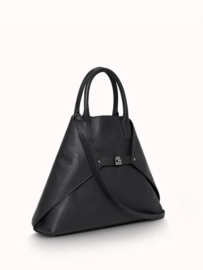 Medium Messenger Bag In Cervo Structured Nappa Leather Black Women Akris Top Handle Bags