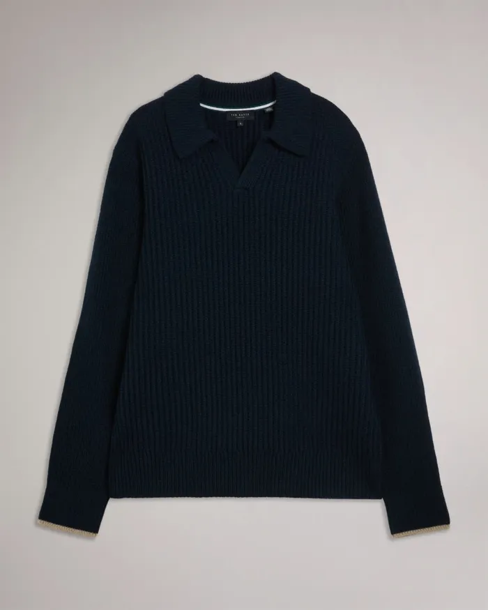 Men ADEMY 8211 Ribbed Knit Polo Neck Jumper Navy Ted Baker Jumpers and Knitwear