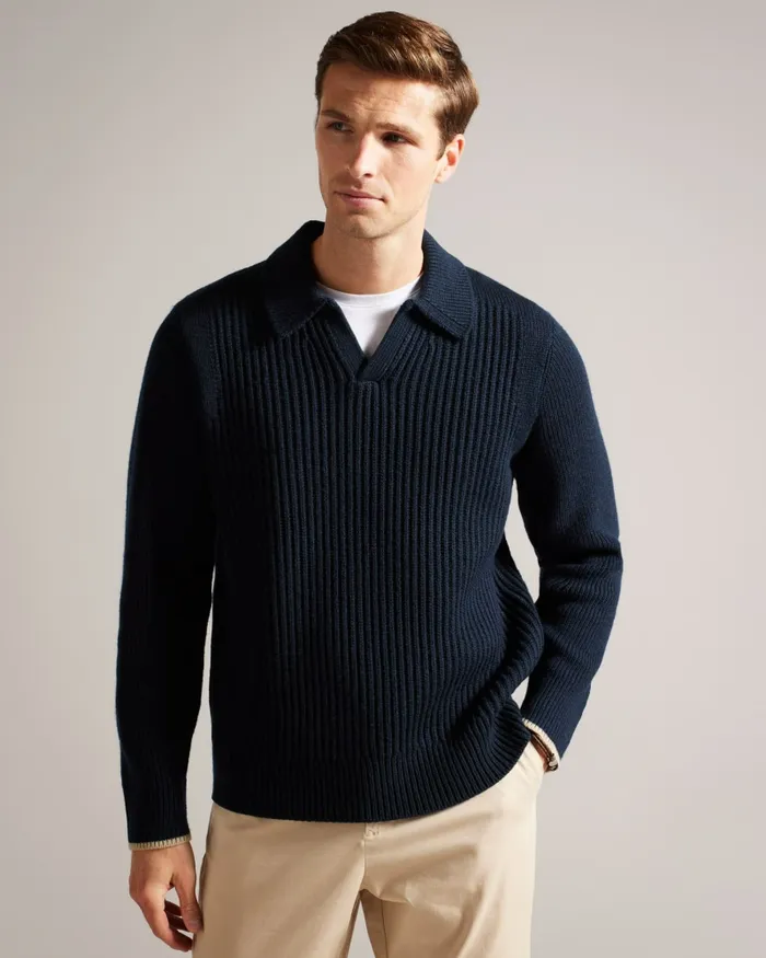 Men ADEMY 8211 Ribbed Knit Polo Neck Jumper Navy Ted Baker Jumpers and Knitwear Men ADEMY 8211 Ribbed Knit Polo Neck Jumper Navy Ted Baker Jumpers and Knitwear