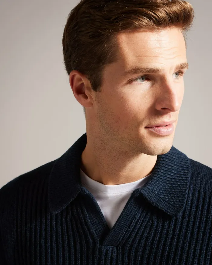 Men ADEMY 8211 Ribbed Knit Polo Neck Jumper Navy Ted Baker Jumpers and Knitwear Men ADEMY 8211 Ribbed Knit Polo Neck Jumper Navy Ted Baker Jumpers and Knitwear