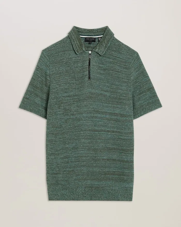 Men BLOSSAM 8211 Short Sleeve Zip Polo Shirt Olive Ted Baker Jumpers and Knitwear