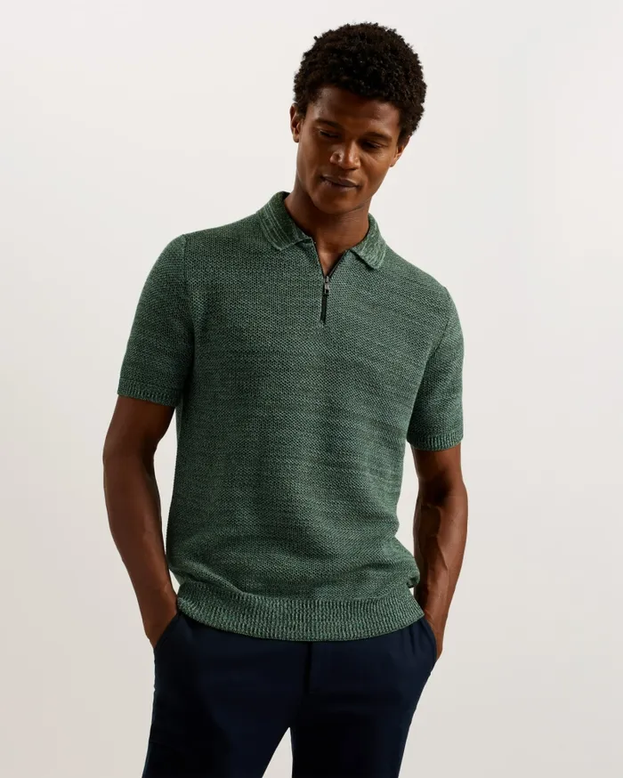 Men BLOSSAM 8211 Short Sleeve Zip Polo Shirt Olive Ted Baker Jumpers and Knitwear Men BLOSSAM 8211 Short Sleeve Zip Polo Shirt Olive Ted Baker Jumpers and Knitwear