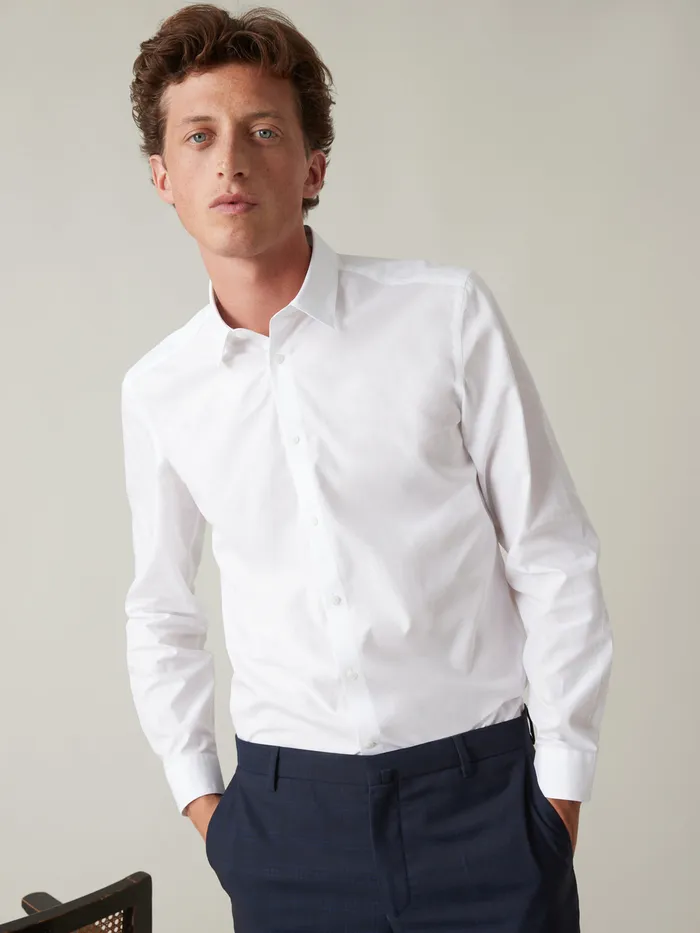 Men Cyrillus Clothing SeasyCare Plain Slim Fit Poplin Shirt 6349 Blanc Clair Uni