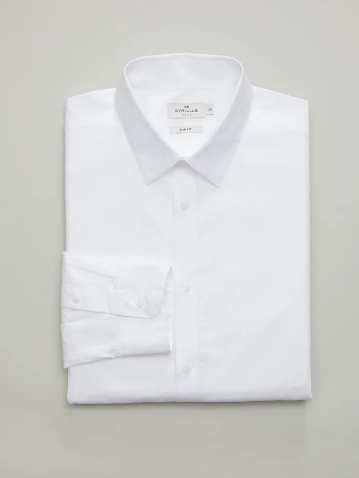Men Cyrillus Clothing SeasyCare Plain Slim Fit Poplin Shirt 6349 Blanc Clair Uni