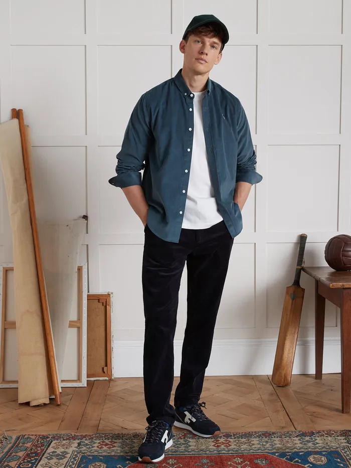 Men Cyrillus Clothing Wide Wale Corduroy Trousers With Elastic Waistband Marine