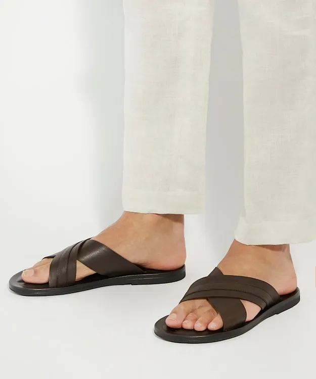 Men Dune London Leather Sandals Leather Cross Over Strap Sandals Brown