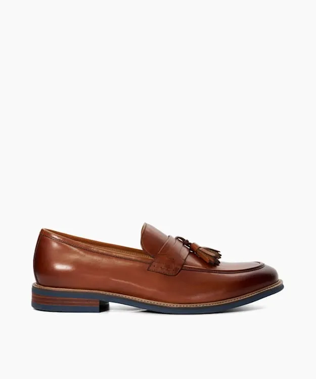 Men Dune London Smart Shoes Leather Contrast Sole Tassel Loafers Brown