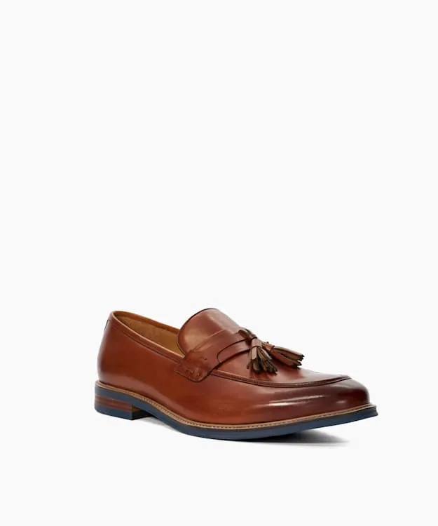 Men Dune London Smart Shoes Leather Contrast Sole Tassel Loafers Brown