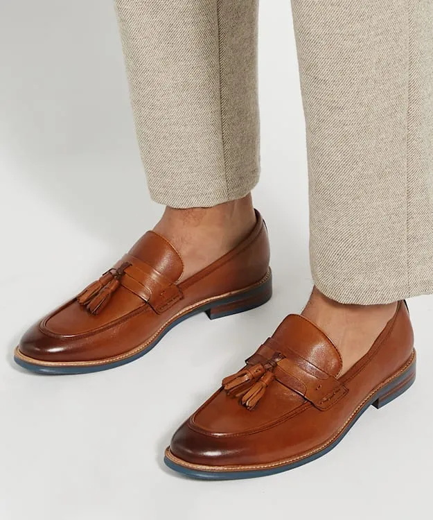 Men Dune London Smart Shoes Leather Contrast Sole Tassel Loafers Brown