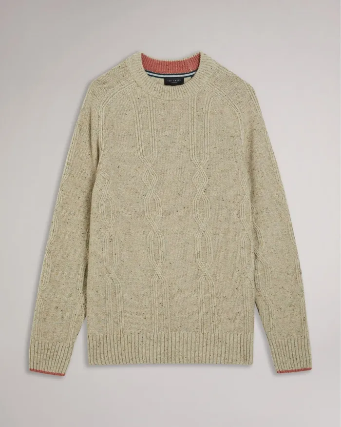 Men ENROE 8211 Crew Neck Jumper With Cable Detail Taupe Ted Baker Jumpers and Knitwear