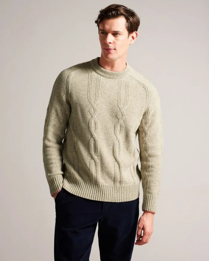 Men ENROE 8211 Crew Neck Jumper With Cable Detail Taupe Ted Baker Jumpers and Knitwear