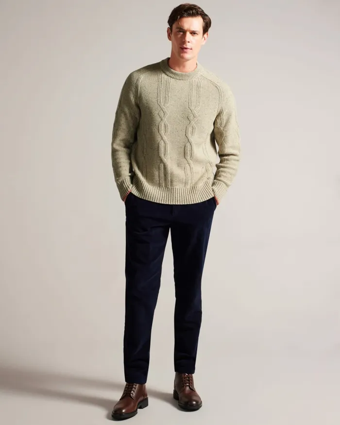 Men ENROE 8211 Crew Neck Jumper With Cable Detail Taupe Ted Baker Jumpers and Knitwear