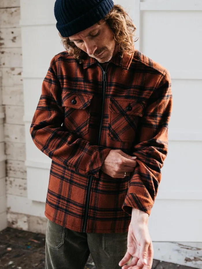 Men Garrick Zip Overshirt Dark Rosewood Check Finisterre Shirts