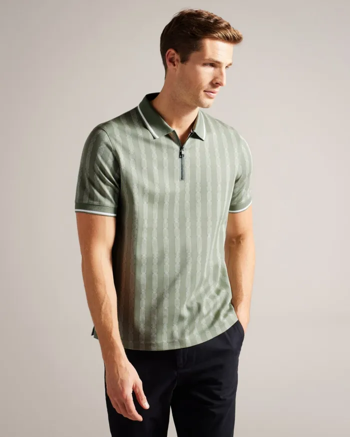 Men ICKEN 8211 Geometric Jacquard Zip Polo Shirt Pale Green Ted Baker Tops Men ICKEN 8211 Geometric Jacquard Zip Polo Shirt Pale Green Ted Baker Tops
